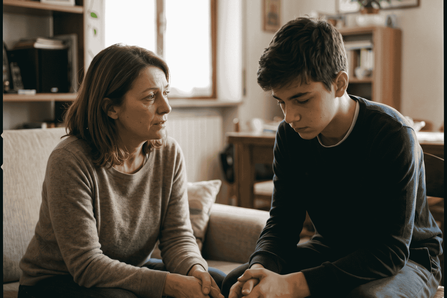 Una madre e un figlio adolescente seduti nel salotto di casa affrontano la sofferenza e il distacco causati dalla dipendenza e dalla sofferenza familiare.