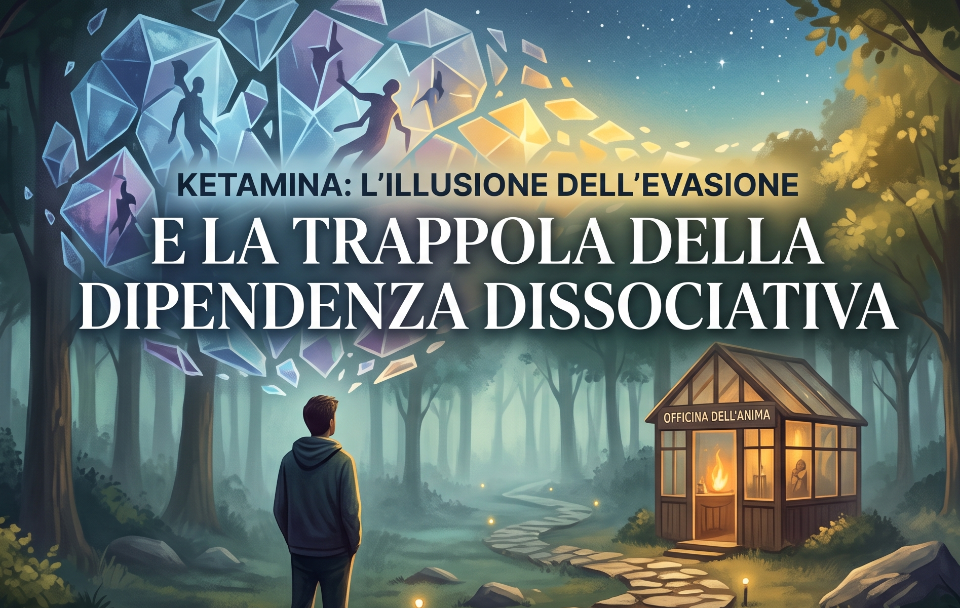 Illustrazione allegorica di un uomo di fronte a pensieri dissociativi e a una capanna accogliente chiamata "Officina dell'Anima", simbolo della cura per la dipendenza da ketamina presso il Centro San Nicola.