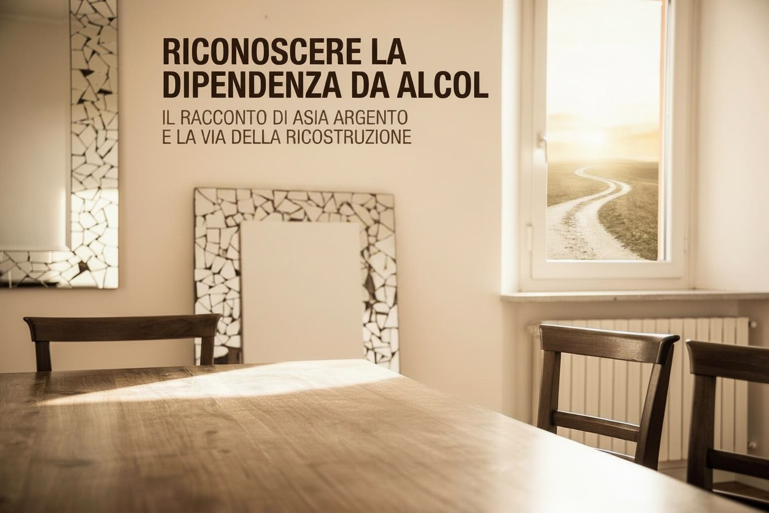 stanza luminosa con tavolo in legno e finestra affacciata su una strada di campagna.