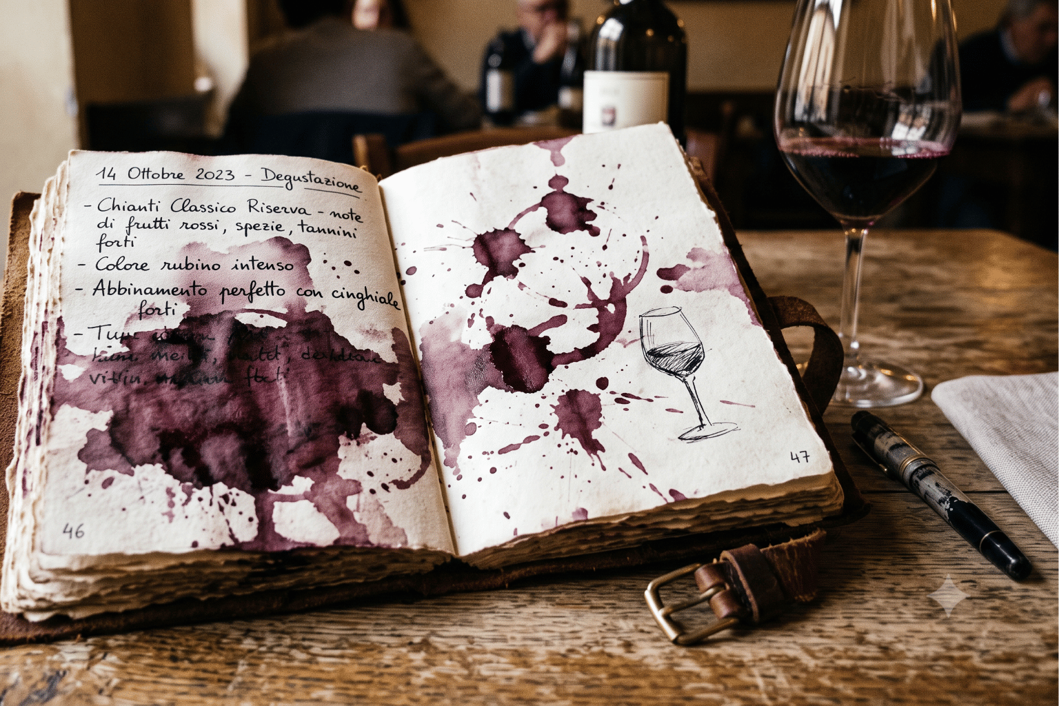 Un taccuino aperto con una macchia di vino rosso su un vecchio scrittoio in legno, metafora della dipendenza da alcol e del percorso di cura.