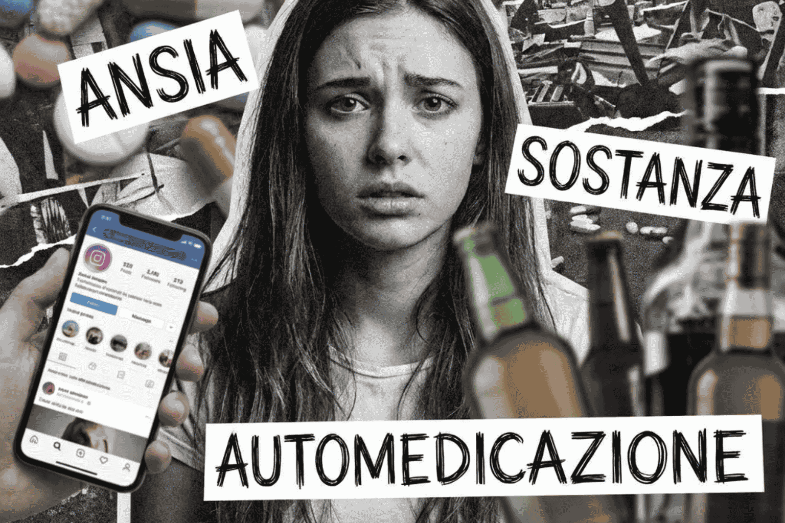 Collage grafico su ansia e automedicazione nei giovani con ragazza in primo piano, farmaci, alcol e smartphone