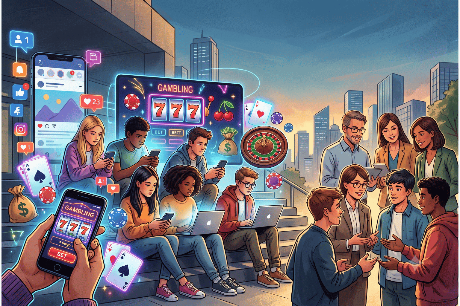 Illustrazione su giovani, social media e azzardo online con operatori sociosanitari e risposte di cura.