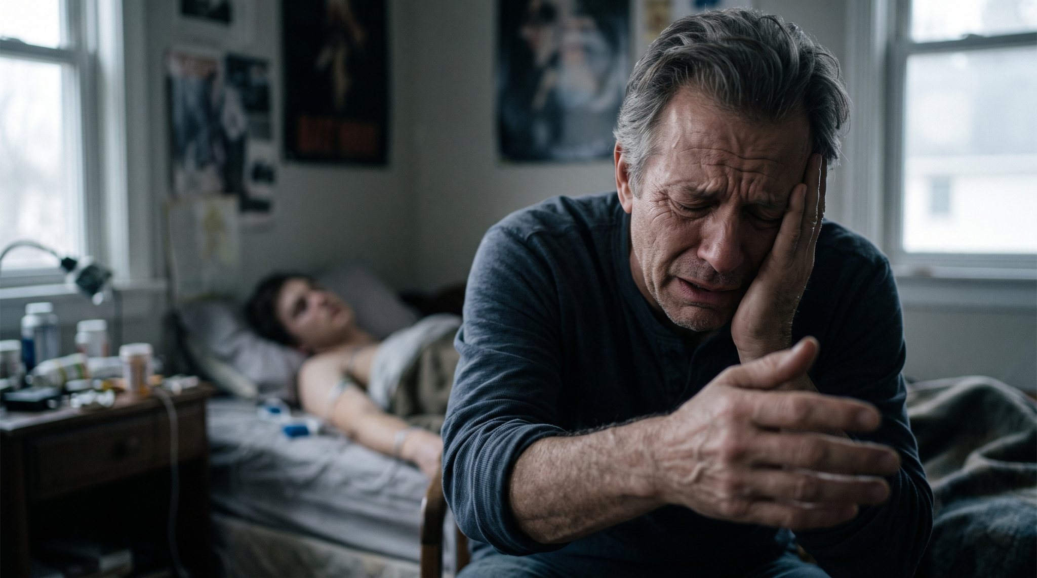 Un padre sopraffatto dal dolore al letto del figlio, simbolo dell'impotenza e della sofferenza delle famiglie colpite dalla dipendenza da sostanze.